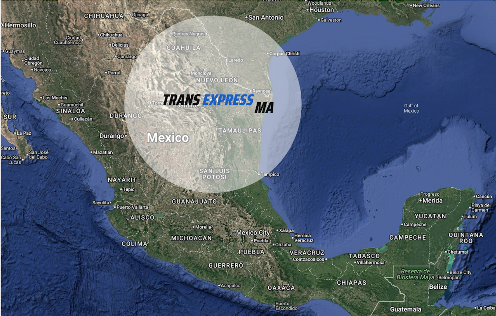 Mapa de cobertura Trans Express MA — 500km alrededor de Monterrey